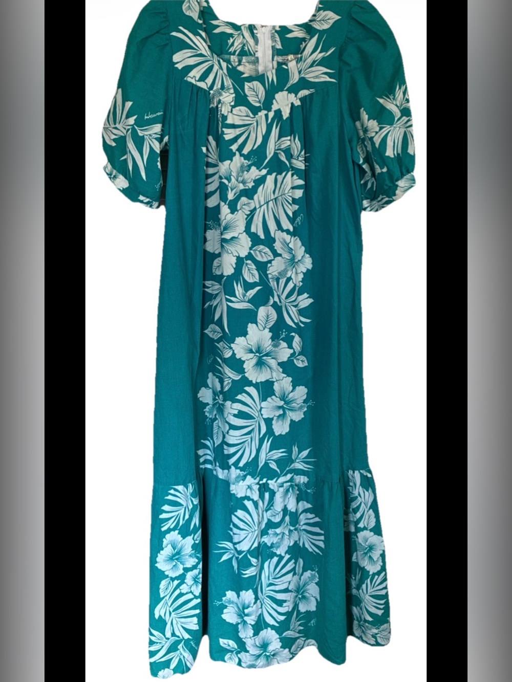 Vtg Royal Creations Hawaii Maxi Muumuu Dress Teal Floral Zip Size Medium
